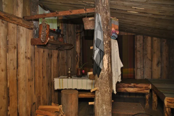 Zemnīcas iekšpuse. priekšplānā - M.Vanagas "drēbju skapis" - zarains koks.